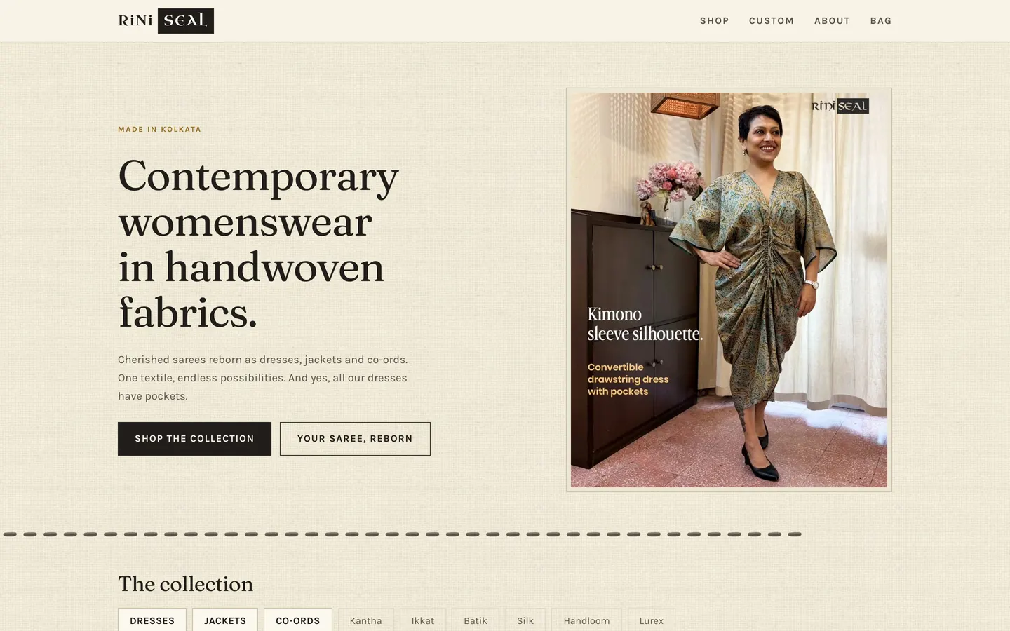 The RINI SEAL store home page: a woven-texture header over a grid of saris and dresses.
