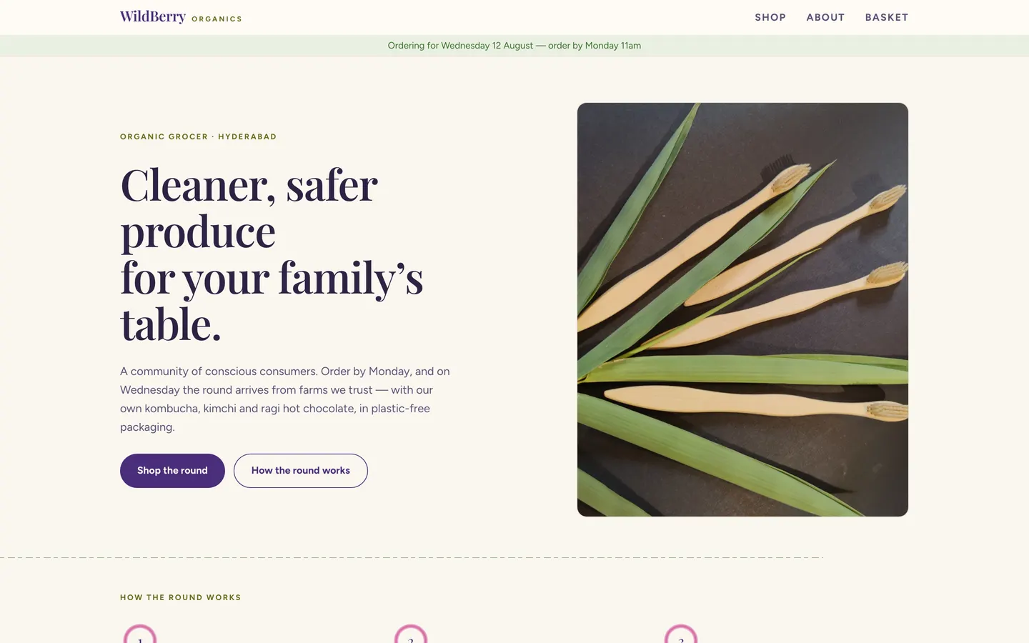 The Wildberry Organics store home page: the weekly order round with produce tiles.